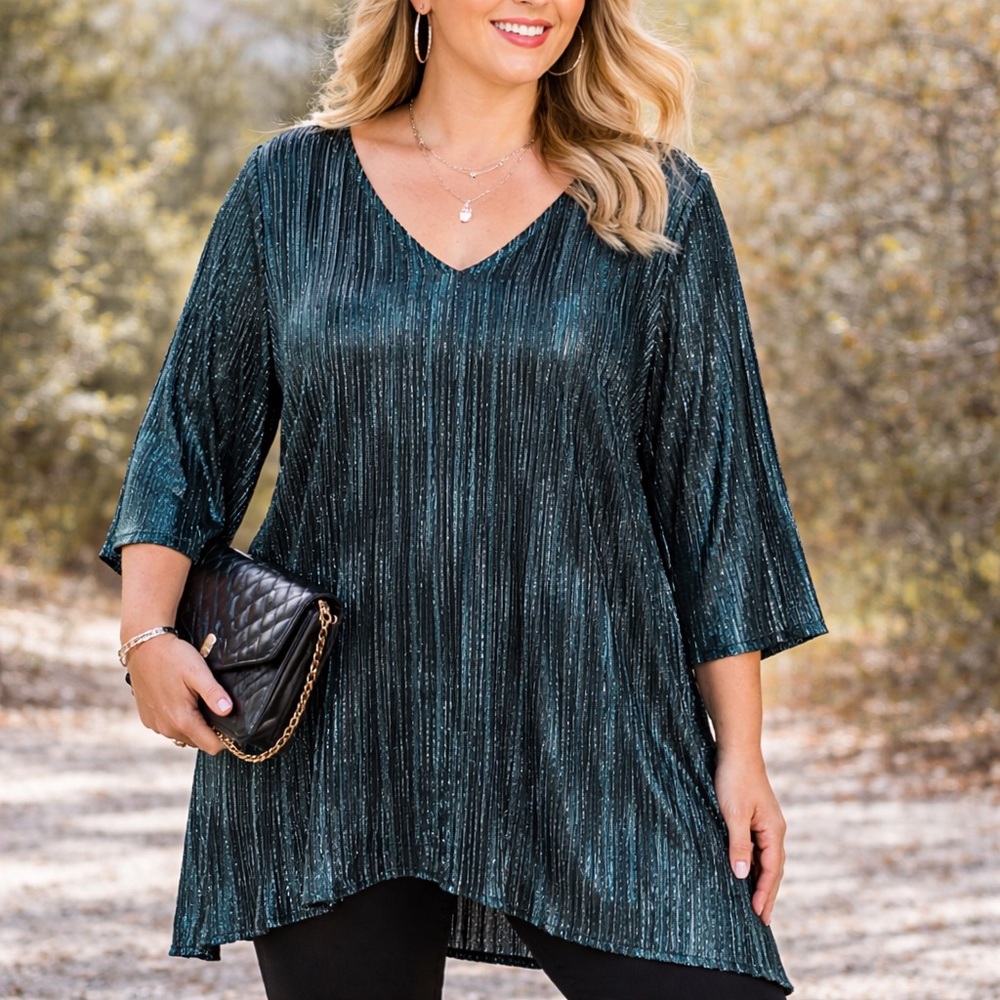 Evans Teal Metallic Pleated‎ Tunic Top Size 22 Plus Shimmer Party Holiday